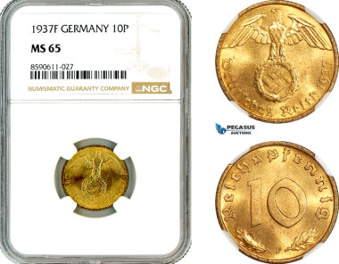 AM022, Germany, Third Reich, 10 Reichspfennig 1937 F, Stuttgart Mint, NGC MS65