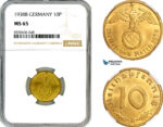 AM023, Germany, Third Reich, 10 Reichspfennig 1938 B, Vienna Mint, NGC MS65, Top Pop!