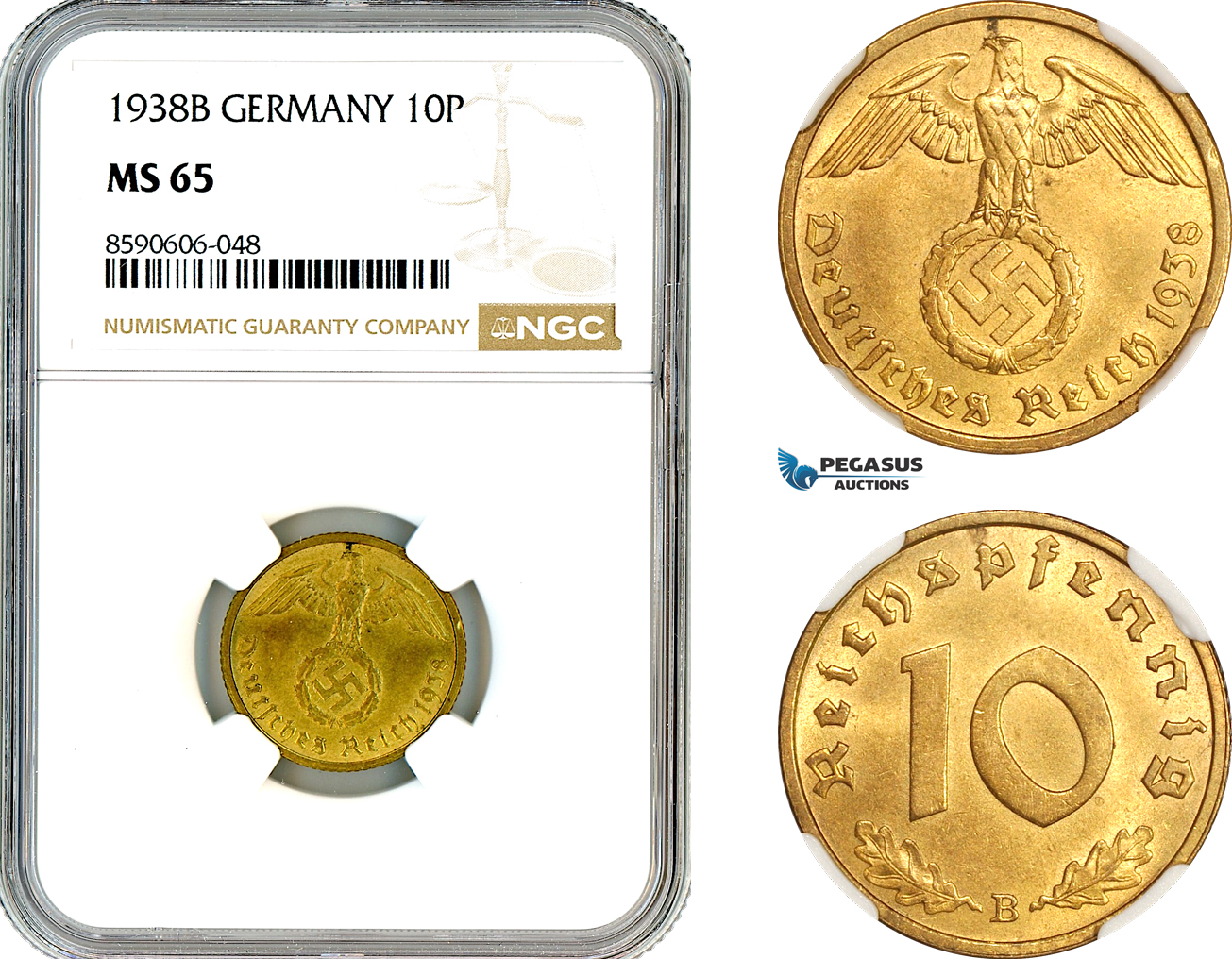 AM023, Germany, Third Reich, 10 Reichspfennig 1938 B, Vienna Mint, NGC MS65, Top Pop!