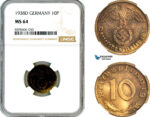 AM024, Germany, Third Reich, 10 Reichspfennig 1938 D, Munich Mint, NGC MS64