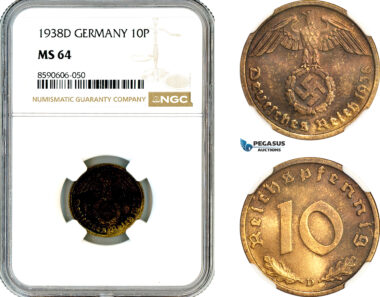 AM024, Germany, Third Reich, 10 Reichspfennig 1938 D, Munich Mint, NGC MS64