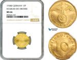 AM025, Germany, Third Reich, 10 Reichspfennig 1938 D, Munich Mint, Doubled Die Reverse, NGC MS66, Top Pop, Single Finest!