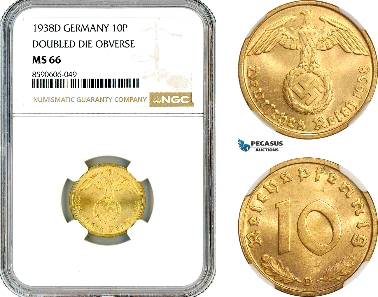 AM025, Germany, Third Reich, 10 Reichspfennig 1938 D, Munich Mint, Doubled Die Reverse, NGC MS66, Top Pop, Single Finest!