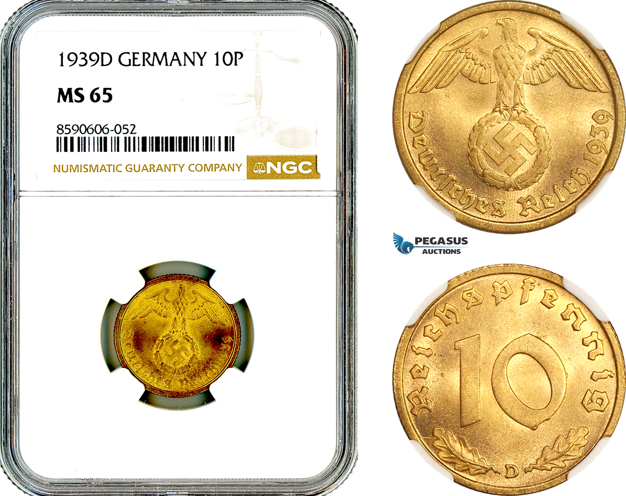 AM026, Germany, Third Reich, 10 Reichspfennig 1939 D, Munich Mint, NGC MS65