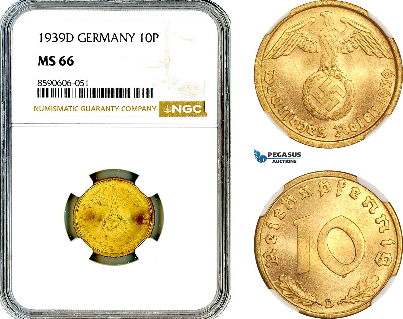 AM027, Germany, Third Reich, 10 Reichspfennig 1939 D, Munich Mint, NGC MS66, Top Pop, Single Finest!