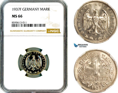 AM028, Germany, Third Reich, 1 Reichsmark 1937 F, Stuttgart Mint, NGC MS66, Top Pop, Single Finest!