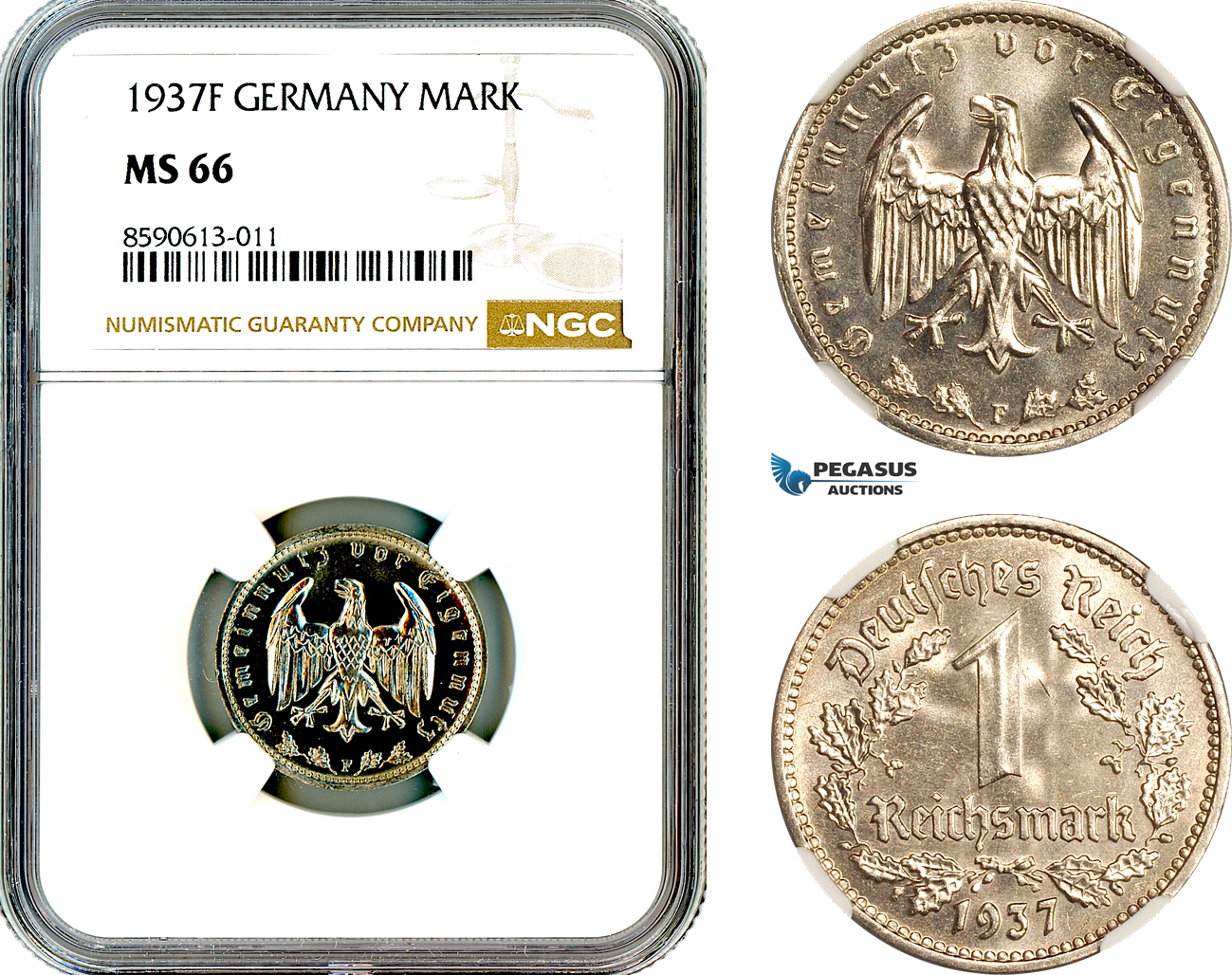 AM028, Germany, Third Reich, 1 Reichsmark 1937 F, Stuttgart Mint, NGC MS66, Top Pop, Single Finest!