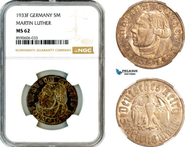 AM029, Germany, Third Reich, 5 Reichsmark 1933 F, Stuttgart Mint, Silver, Martin Luther, NGC MS62