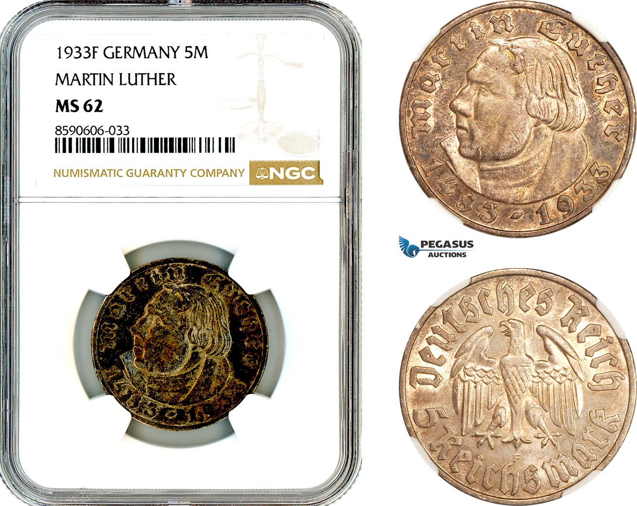 AM029, Germany, Third Reich, 5 Reichsmark 1933 F, Stuttgart Mint, Silver, Martin Luther, NGC MS62