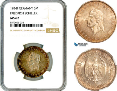 AM030, Germany, Third Reich, 5 Reichsmark 1934 F, Stuttgart Mint, Silver, Friedrich Schiller, NGC MS62