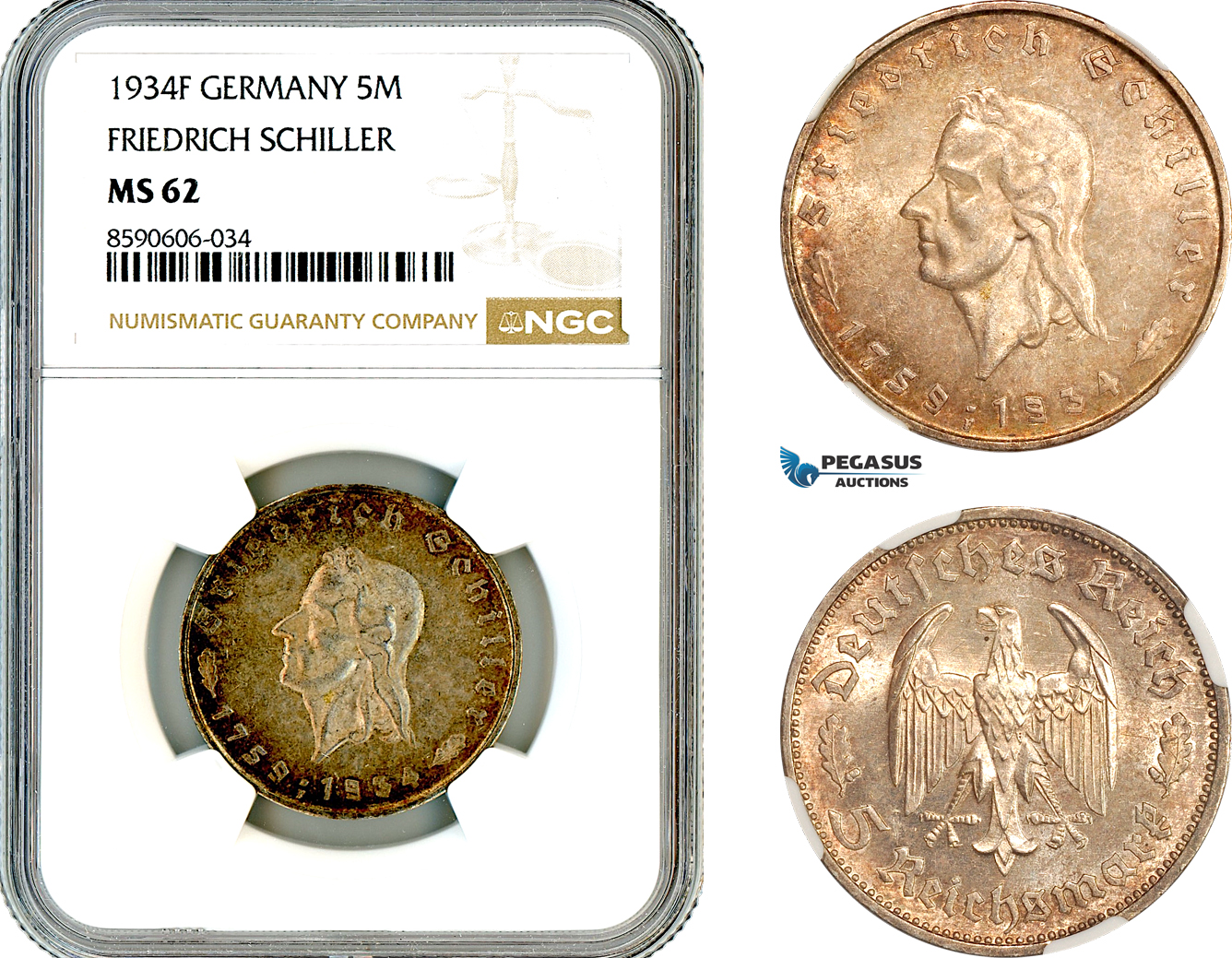 AM030, Germany, Third Reich, 5 Reichsmark 1934 F, Stuttgart Mint, Silver, Friedrich Schiller, NGC MS62