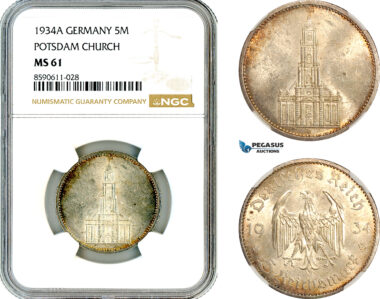 AM031, Germany, Third Reich, 5 Reichsmark 1934 A, Berlin Mint, Silver, Potsdam Church, NGC MS61