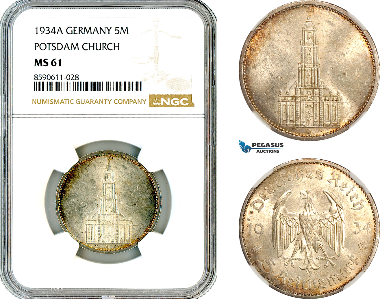AM031, Germany, Third Reich, 5 Reichsmark 1934 A, Berlin Mint, Silver, Potsdam Church, NGC MS61