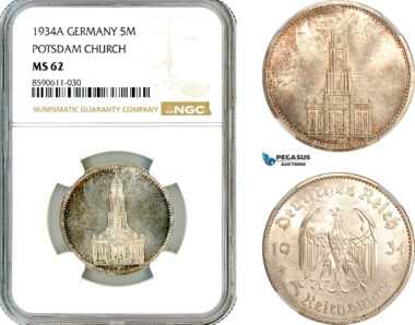 AM032, Germany, Third Reich, 5 Reichsmark 1934 A, Berlin Mint, Silver, Potsdam Church, NGC MS62