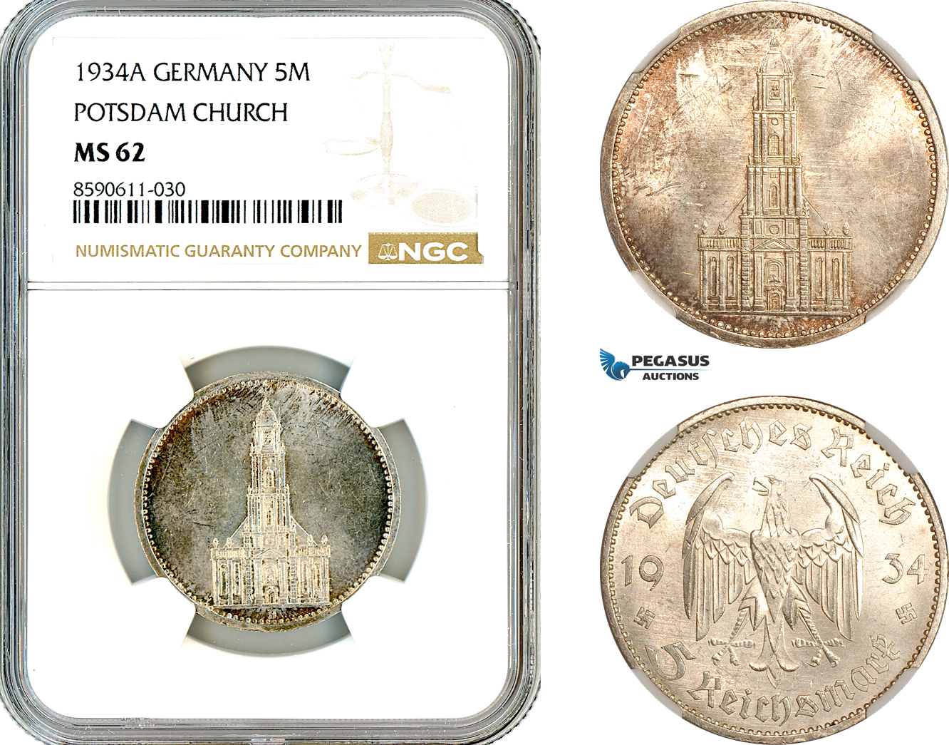 AM032, Germany, Third Reich, 5 Reichsmark 1934 A, Berlin Mint, Silver, Potsdam Church, NGC MS62