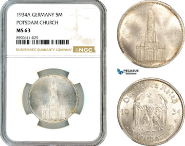 AM033, Germany, Third Reich, 5 Reichsmark 1934 A, Berlin Mint, Silver, Potsdam Church, NGC MS63