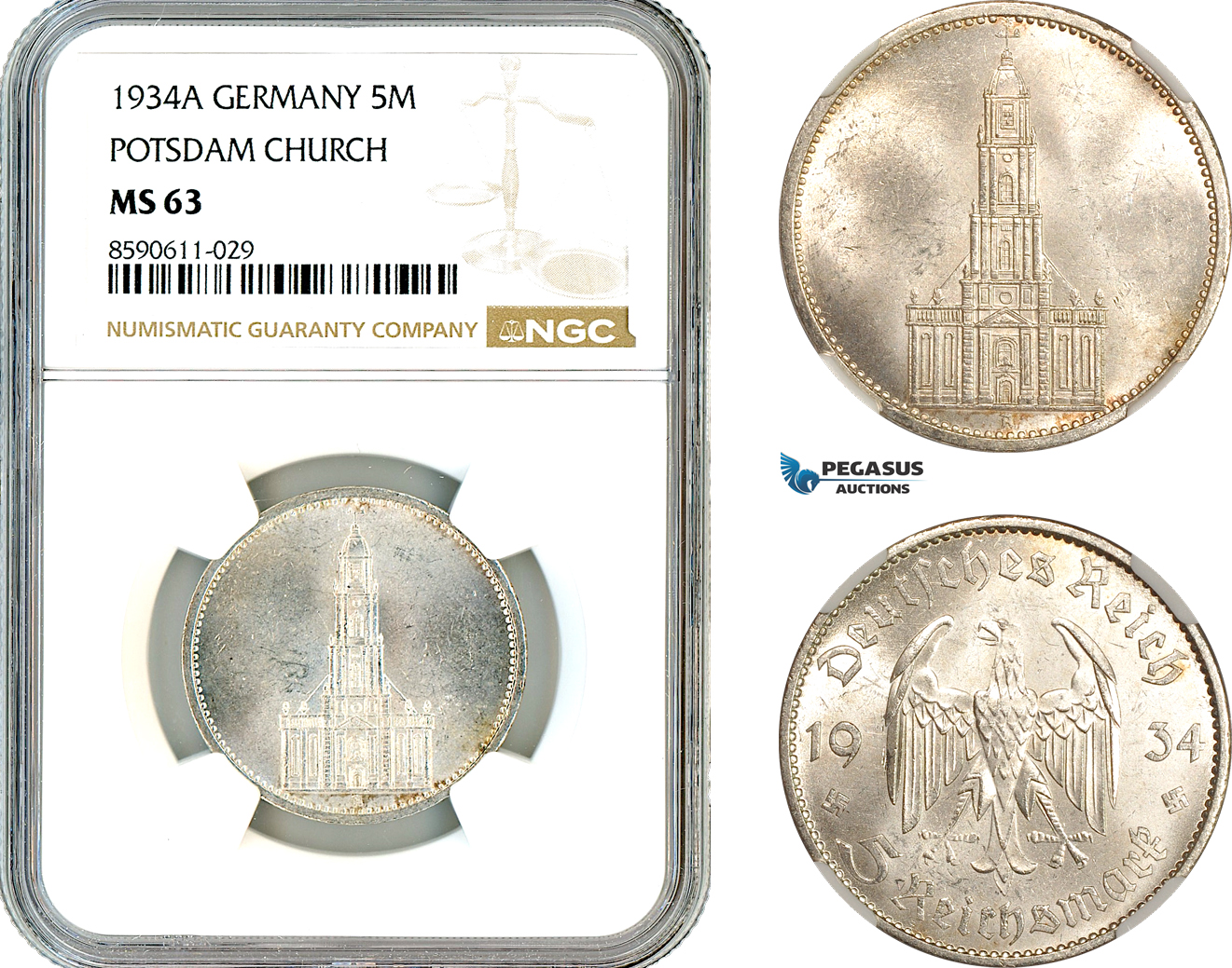 AM033, Germany, Third Reich, 5 Reichsmark 1934 A, Berlin Mint, Silver, Potsdam Church, NGC MS63