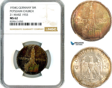AM034, Germany, Third Reich, 5 Reichsmark 1934 G, Karlsruhe Mint, Silver, Potsdam Church - 21 Marz 1933, NGC MS62