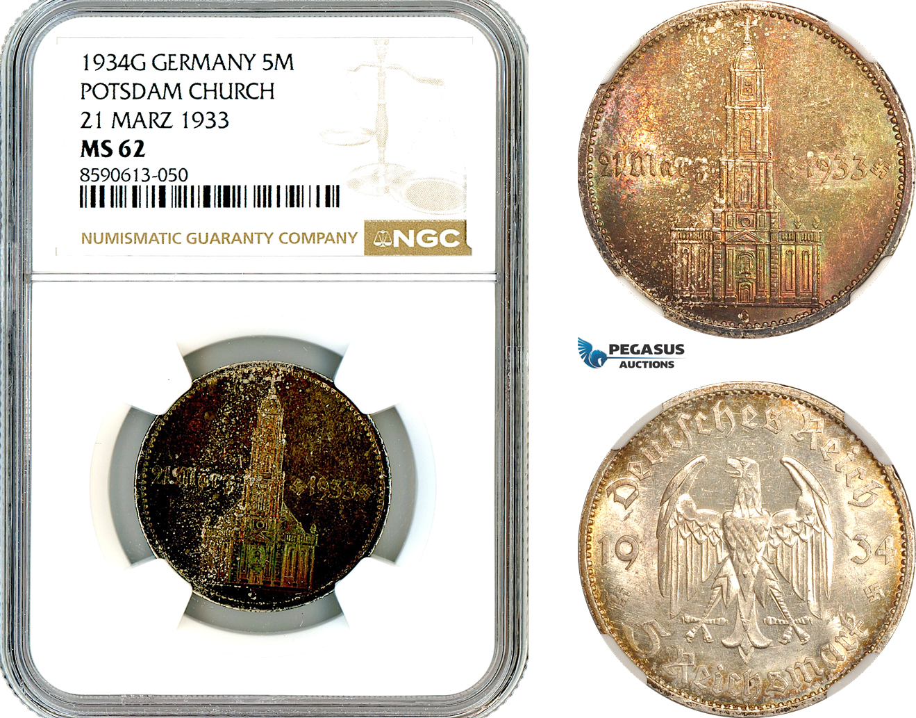 AM034, Germany, Third Reich, 5 Reichsmark 1934 G, Karlsruhe Mint, Silver, Potsdam Church - 21 Marz 1933, NGC MS62