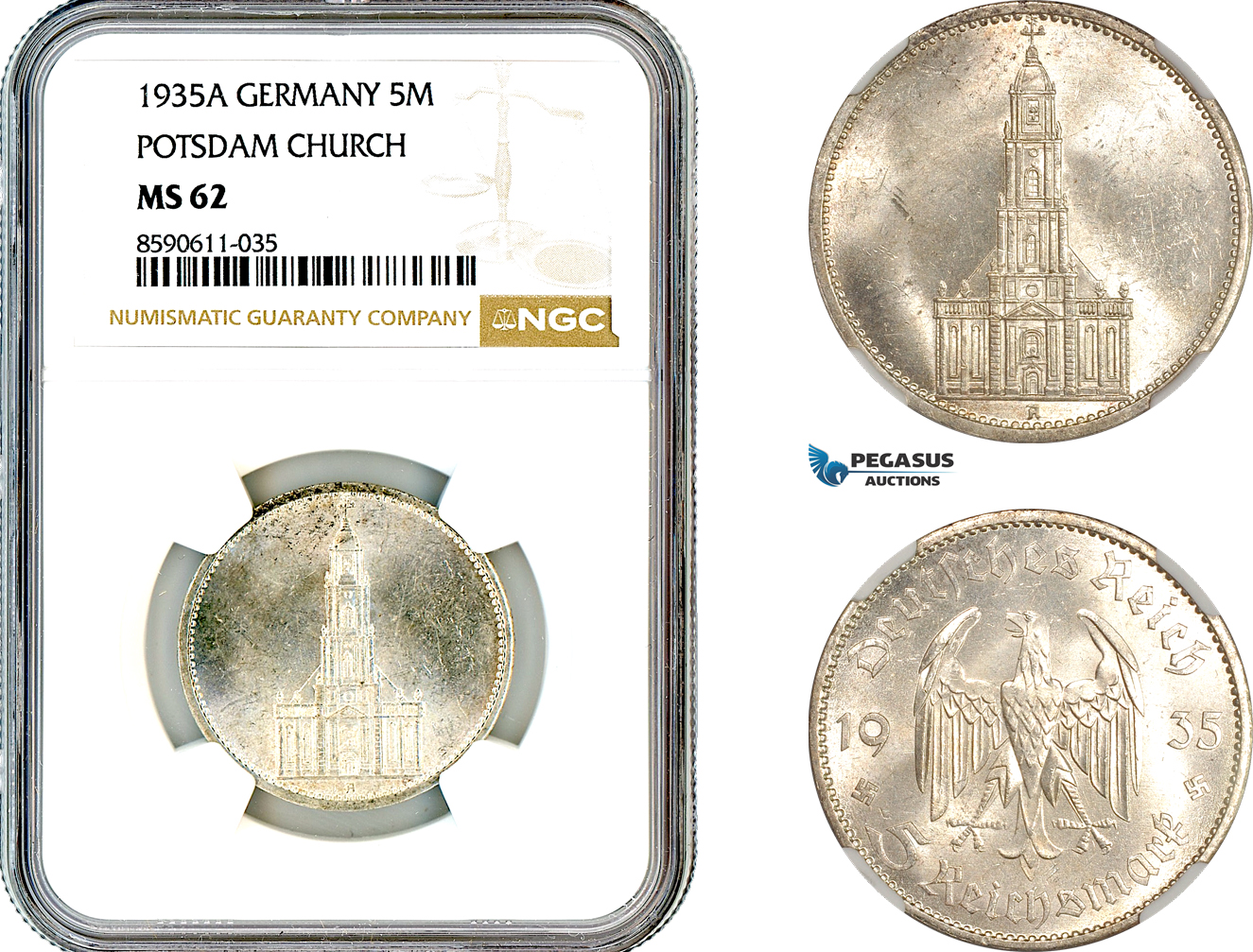 AM035, Germany, Third Reich, 5 Reichsmark 1935 A, Berlin Mint, Silver, Potsdam Church, NGC MS62
