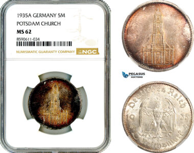 AM036, Germany, Third Reich, 5 Reichsmark 1935 A, Berlin Mint, Silver, Potsdam Church, NGC MS62