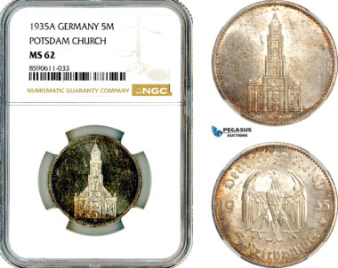 AM037, Germany, Third Reich, 5 Reichsmark 1935 A, Berlin Mint, Silver, Potsdam Church, NGC MS62