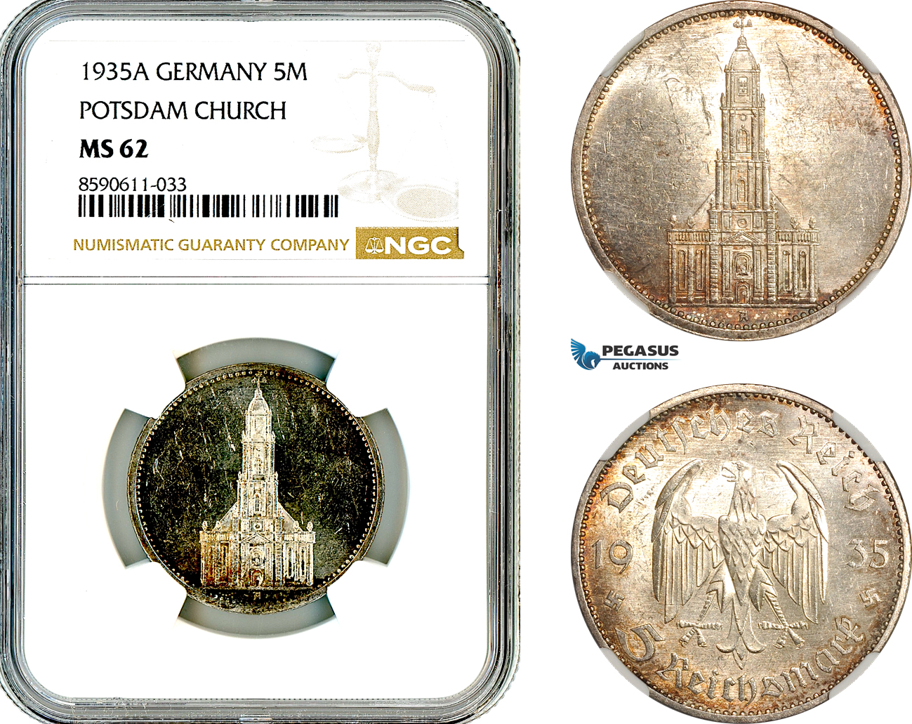 AM037, Germany, Third Reich, 5 Reichsmark 1935 A, Berlin Mint, Silver, Potsdam Church, NGC MS62
