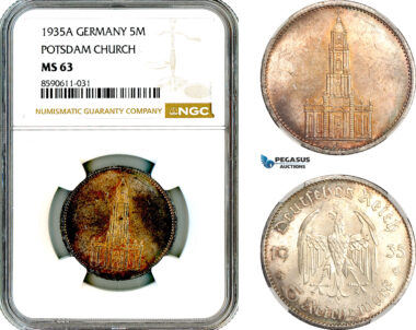 AM038, Germany, Third Reich, 5 Reichsmark 1935 A, Berlin Mint, Silver, Potsdam Church, NGC MS63