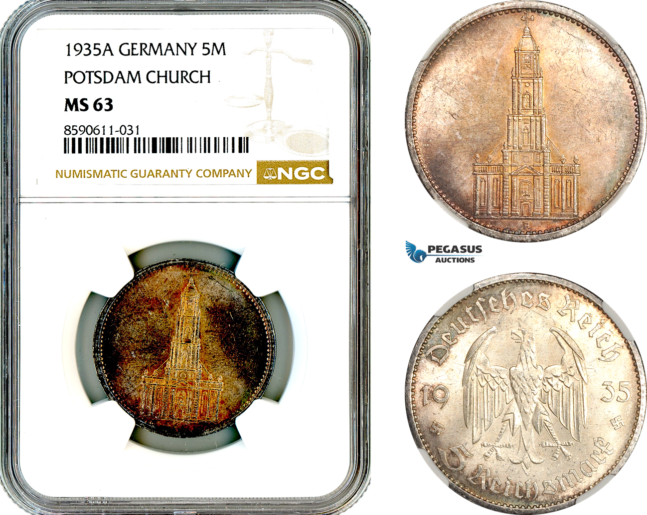 AM038, Germany, Third Reich, 5 Reichsmark 1935 A, Berlin Mint, Silver, Potsdam Church, NGC MS63
