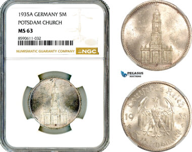 AM039, Germany, Third Reich, 5 Reichsmark 1935 A, Berlin Mint, Silver, Potsdam Church, NGC MS63