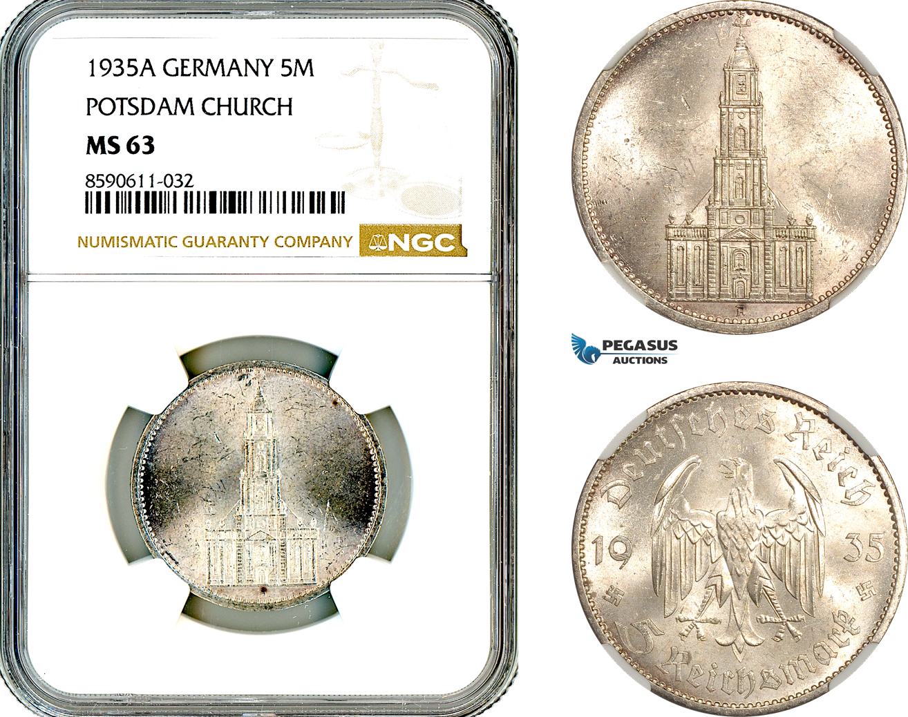 AM039, Germany, Third Reich, 5 Reichsmark 1935 A, Berlin Mint, Silver, Potsdam Church, NGC MS63