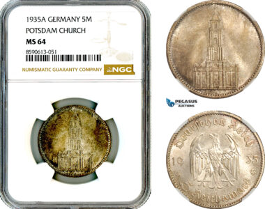 AM040, Germany, Third Reich, 5 Reichsmark 1935 A, Berlin Mint, Silver, Potsdam Church, NGC MS64