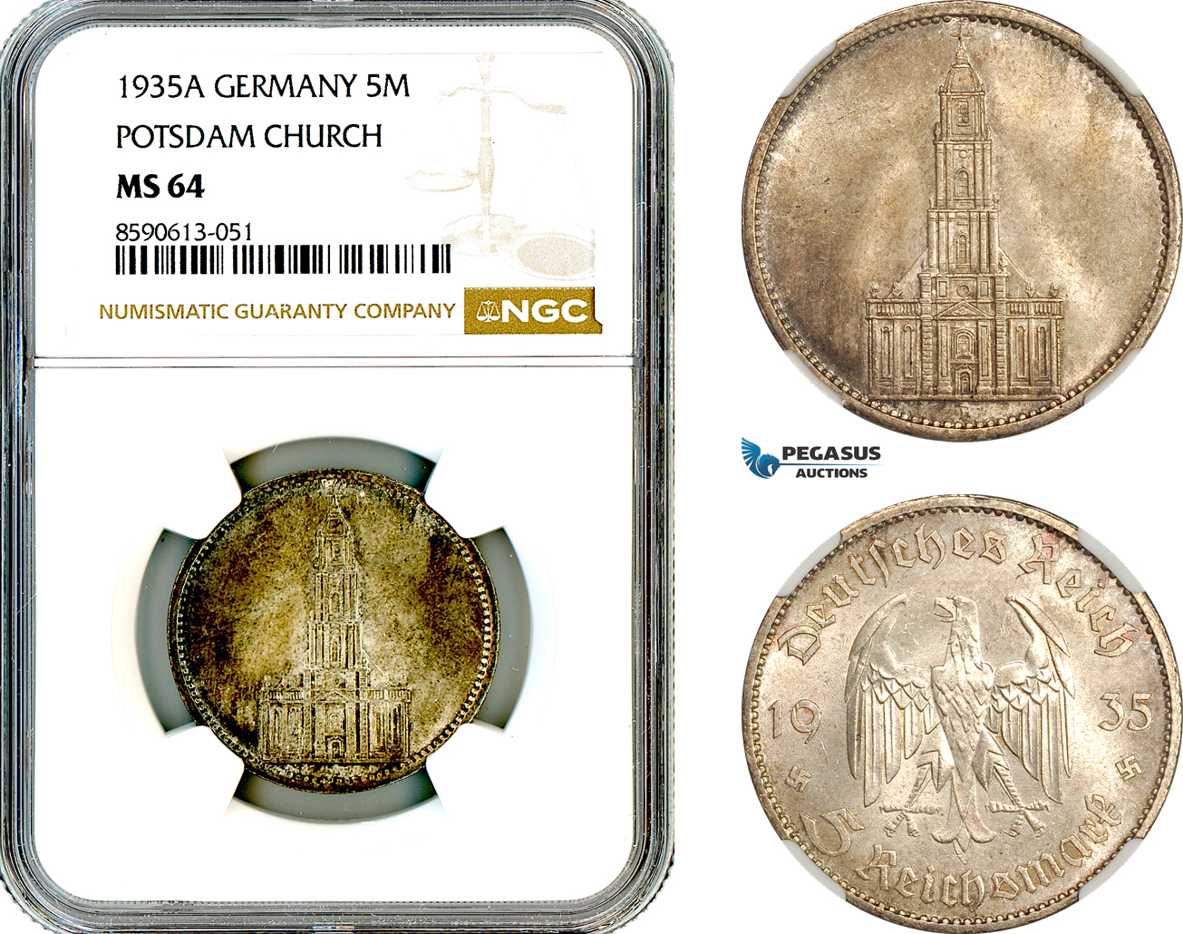 AM040, Germany, Third Reich, 5 Reichsmark 1935 A, Berlin Mint, Silver, Potsdam Church, NGC MS64