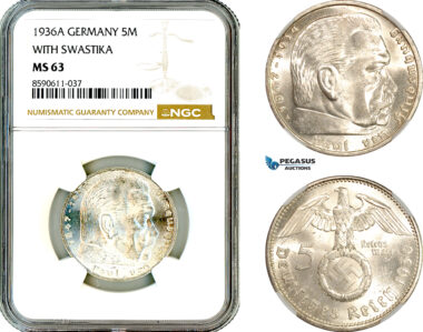 AM041, Germany, Third Reich, 5 Reichsmark 1936 A, Berlin Mint, Silver, With Swastika, NGC MS63