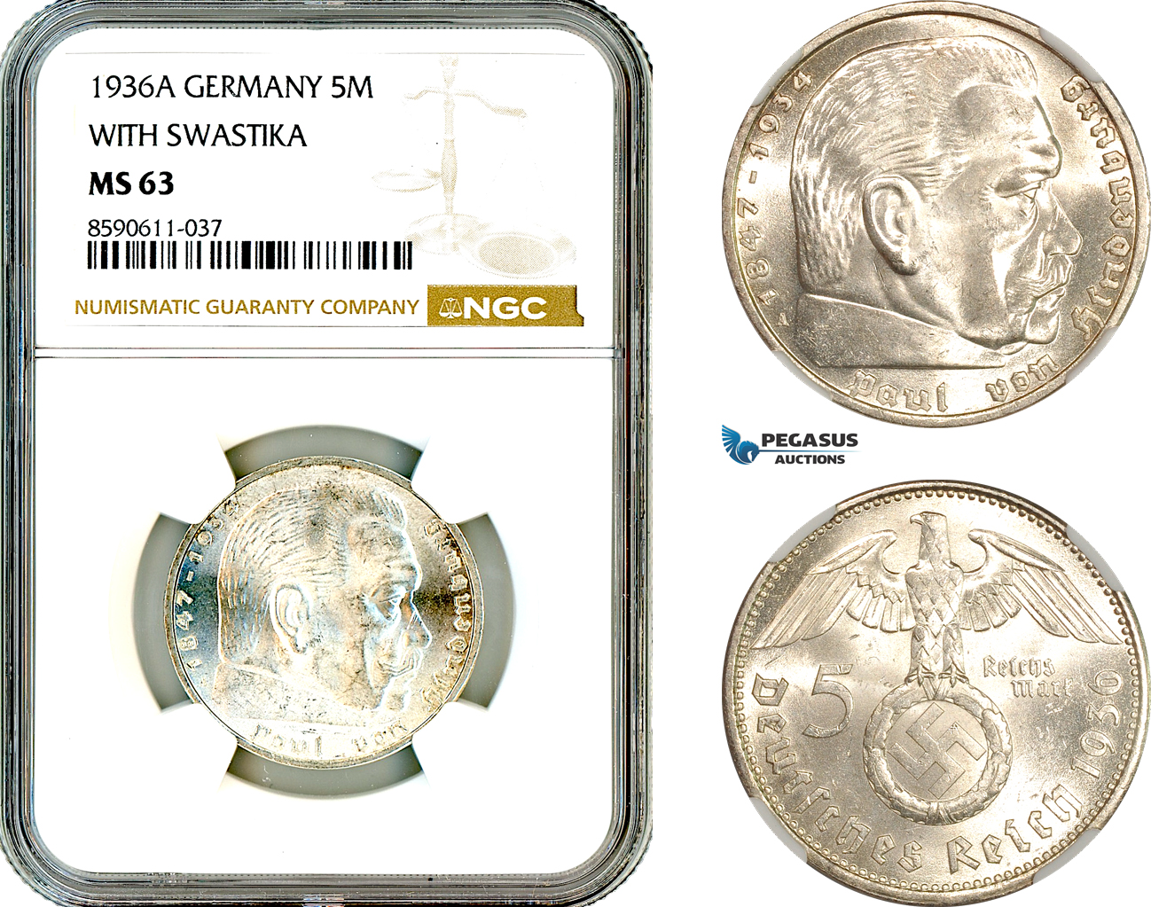 AM041, Germany, Third Reich, 5 Reichsmark 1936 A, Berlin Mint, Silver, With Swastika, NGC MS63