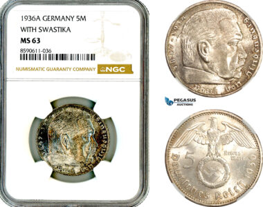 AM042, Germany, Third Reich, 5 Reichsmark 1936 A, Berlin Mint, Silver, With Swastika, NGC MS63
