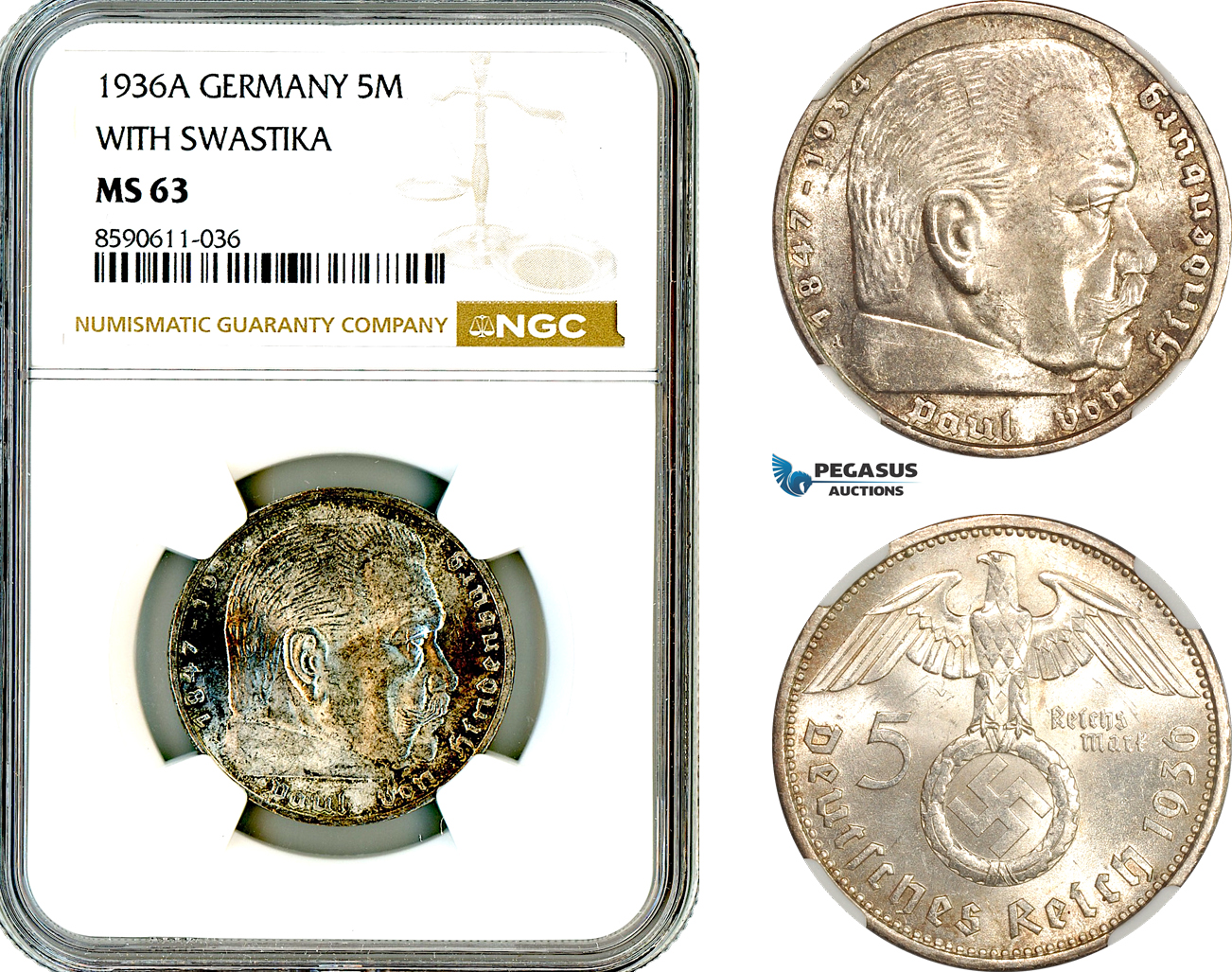 AM042, Germany, Third Reich, 5 Reichsmark 1936 A, Berlin Mint, Silver, With Swastika, NGC MS63