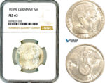 AM043, Germany, Third Reich, 5 Reichsmark 1939 E, Muldenhutten Mint, Silver, NGC MS63