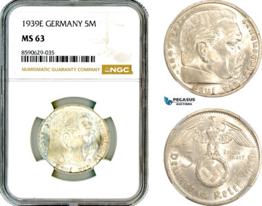 AM043, Germany, Third Reich, 5 Reichsmark 1939 E, Muldenhutten Mint, Silver, NGC MS63
