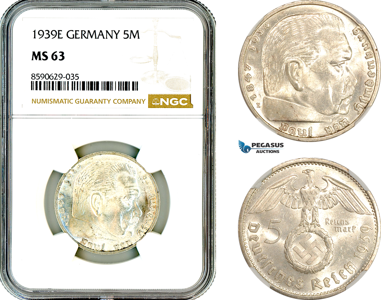 AM043, Germany, Third Reich, 5 Reichsmark 1939 E, Muldenhutten Mint, Silver, NGC MS63