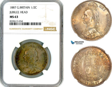 AM045, Great Britain, Victoria, 1/2 Crown 1887, London Mint, Silver, Jubilee Head, NGC MS63