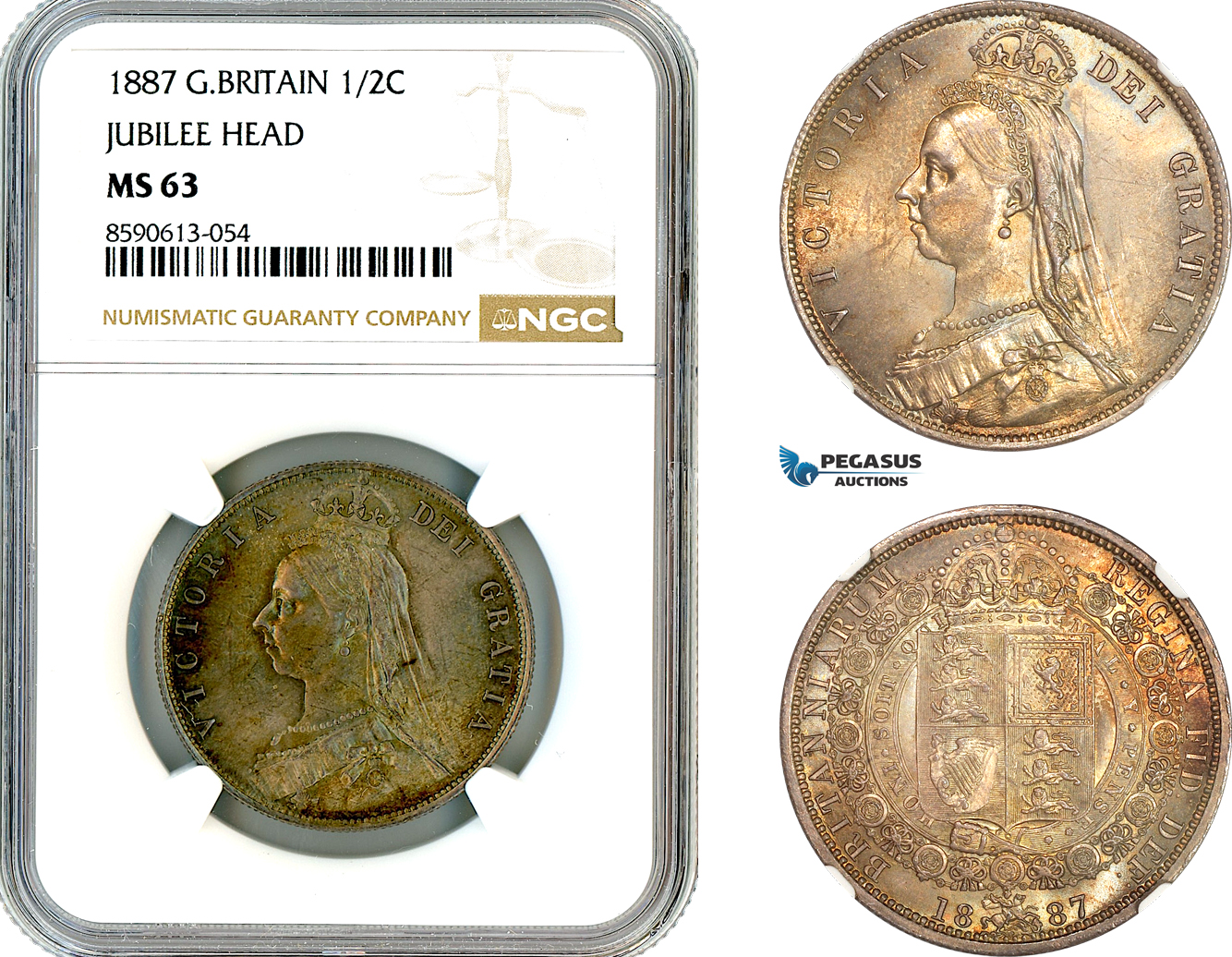 AM045, Great Britain, Victoria, 1/2 Crown 1887, London Mint, Silver, Jubilee Head, NGC MS63