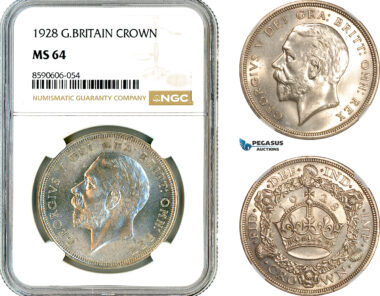AM046, Great Britain, George V, 1 Crown 1928, Silver, London Mint, NGC NGC MS64