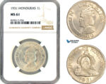 AM049, Honduras, 1 Lempira 1931, Philadelphia Mint, Silver, NGC MS61