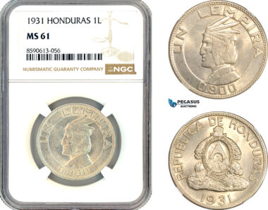 AM049, Honduras, 1 Lempira 1931, Philadelphia Mint, Silver, NGC MS61