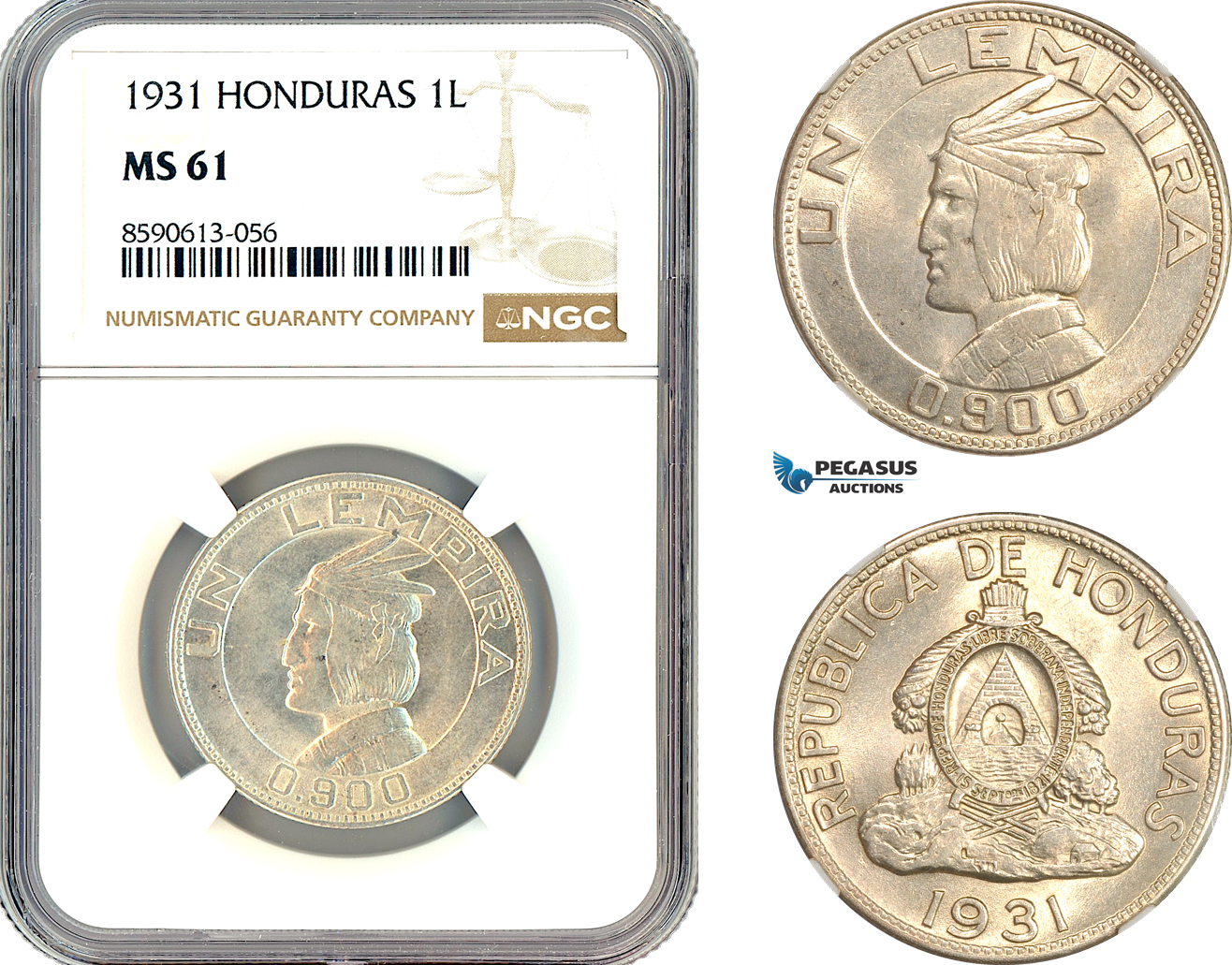 AM049, Honduras, 1 Lempira 1931, Philadelphia Mint, Silver, NGC MS61