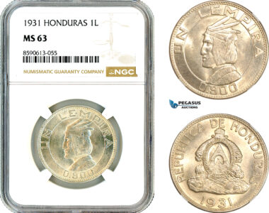 AM050, Honduras, 1 Lempira 1931, Philadelphia Mint, Silver, NGC MS63