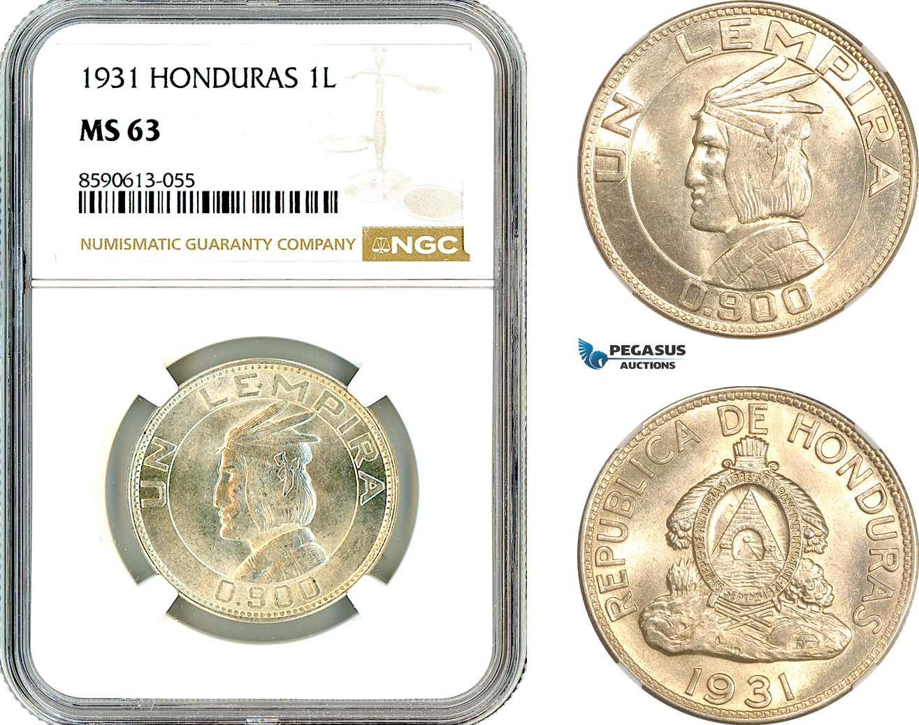 AM050, Honduras, 1 Lempira 1931, Philadelphia Mint, Silver, NGC MS63