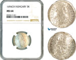 AM052, Hungary, Leopold I, 3 Krajczar 1696 CH, Pressburg Mint, Silver, NGC MS64
