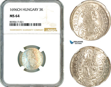 AM052, Hungary, Leopold I, 3 Krajczar 1696 CH, Pressburg Mint, Silver, NGC MS64